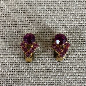 Vintage gold and two shades of pink stones clip on earrings